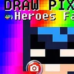 Színes, pixeles háttér előtt egy maszkos figura arca látható, felül Draw Pixels: Heroes Face felirattal