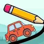 Egy piros autó megy egy ívelt fekete vonalon, amelyet egy nagyméretű sárga ceruza rajzol, háttérben hegyekkel