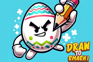 Dühös, dekorált tojás figura ceruzával a kezében kék háttér előtt, mellette Draw to Smash!