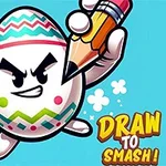 Dühös, dekorált tojás figura ceruzával a kezében kék háttér előtt, mellette Draw to Smash!