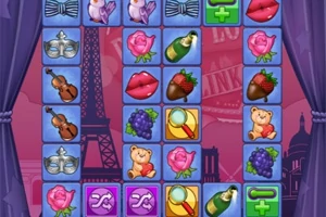 Színes ikonok sorakoznak egymás mellett, mint rózsák, pezsgősüvegek, szívek és nagyítók, háttérben az Eiffel-torony sziluettjével