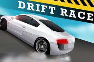 Fehér sportautó driftel egy pályán kék ég és fekete-sárga csíkozású háttér előtt
