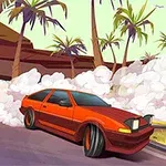 Egy piros autó driftel egy kanyargós úton pálmafák előtt, miközben nagy felhőkben gomolyog a füst
