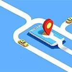 Okostelefon grafika útvonal jelzővel és sárga taxikkal egy kék háttéren