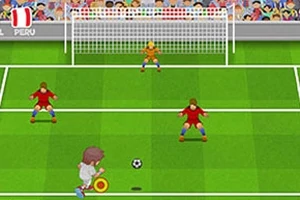 Egy rajzolt futballjelenet, ahol fehér mezes játékos lövésre készül, két piros mezes védővel és egy kapussal szemben