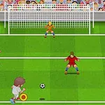 Egy rajzolt futballjelenet, ahol fehér mezes játékos lövésre készül, két piros mezes védővel és egy kapussal szemben