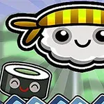 Egy mosolygó anime stílusú sushi figura sárga-fehér fejpánttal egy zöld és kék háttér előtt