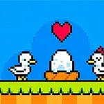 Duck Duck Két rajzfilmszerű kacsa áll egy fészekben lévő tojás körül, egy piros szív lebeg felettük kék háttér előtt