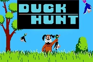 Kutyás figura kacsával a fűben, háttérben fák és repülő kacsák, a DUCK HUNT felirattal