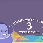 Színes rajzfilmfigurák állnak egy lila háttér előtt, középen pedig a Dumb Ways to Die 3 World Tour felirat látható