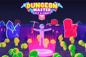 Neon színű 3D felirat „DUNGEON MASTER: CULT & CRAFT két csákánnyal, alatta rózsaszín fényben álló stilizált figura, körülötte kövek és zöld bokrok