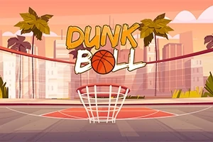 Egy stilizált kosárlabdapálya pálmafákkal és városi háttérrel, középen egy kosárgyűrűvel és Dunk Ball felirattal