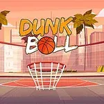 Egy stilizált kosárlabdapálya pálmafákkal és városi háttérrel, középen egy kosárgyűrűvel és Dunk Ball felirattal