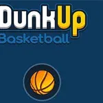 A Dunk Up Basketball felirat látható sötétkék háttér előtt, alatta egy narancssárga kosárlabda ikon