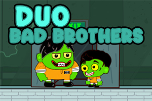 Két zöld színű karakter narancssárga ruhában egy DUO BAD BROTHERS felirat előtt áll