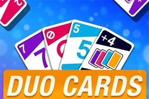 Színes kártyalapok egy kék háttér előtt, DUO CARDS felirattal