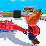 Két színes, rajzfilmszerű figura egy arénában, ahol egymás felé lövellnek kék és piros energiasugarakat