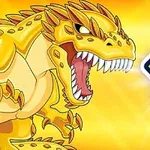 Sárga, szúrós páncélzatú, dühödt dinoszaurusz-szerű lény tátott szájjal, mellette egy nagy, színes 10 szám