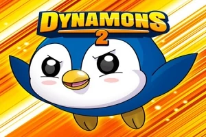 Kék-fehér, rajzfilmfiguraként ábrázolt pingvin arany háttér előtt, a DYNAMONS 2 felirattal