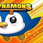 Kék-fehér, rajzfilmfiguraként ábrázolt pingvin arany háttér előtt, a DYNAMONS 2 felirattal