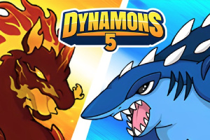 Tüzes sárkány és kék cápaszerű lény egymással szemben, középen a Dynamons 5 logóval