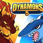 Tüzes sárkány és kék cápaszerű lény egymással szemben, középen a Dynamons 5 logóval