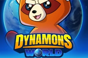 Egy rajzolt vörös panda figura kék bolygó előtt mosolyog, alatta a Dynamons World felirat található