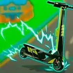 Fekete-kék elektromos roller zöld háttér előtt, villámokkal körülvéve