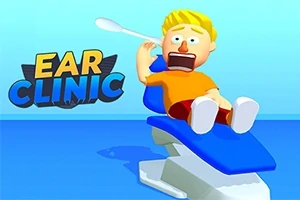 Színes, rajzfilmszerű figura fekszik egy kék székben, miközben egy óriás fülpucoló közeledik a füléhez, háttérben a Ear Clinic felirat látható