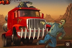 Egy piros teherautó zombikkal ütközik egy sivatagos tájon, az egyik zombi a motorháztetőn van, miközben egy másik zombi előtte áll