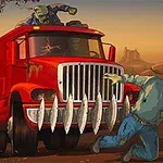 Egy piros teherautó zombikkal ütközik egy sivatagos tájon, az egyik zombi a motorháztetőn van, miközben egy másik zombi előtte áll