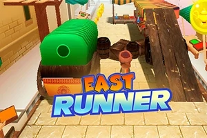 Egy színes piacon, ahol sátrak és faakadályok között egy figurának kell futnia, előtérben az East Runner felirat látható