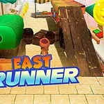 Egy színes piacon, ahol sátrak és faakadályok között egy figurának kell futnia, előtérben az East Runner felirat látható