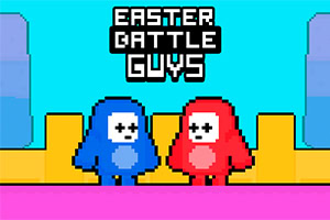 Két pixeles figura, egy kék és egy piros színű, áll egymás mellett egy élénk színű, kockás háttér előtt, a kép tetején Easter Battle Guys felirat olvasható