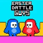 Két pixeles figura, egy kék és egy piros színű, áll egymás mellett egy élénk színű, kockás háttér előtt, a kép tetején Easter Battle Guys felirat olvasható