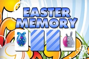 Színes húsvéti tojások és nyuszi kártyák egy „Easter Memory” feliratú háttér előtt