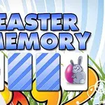 Színes húsvéti tojások és nyuszi kártyák egy „Easter Memory” feliratú háttér előtt