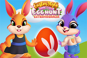 Easter Style Junction Egg Hunt Extravaganza Két rajzfilmnyuszi egy nagy piros tojás mellett áll egy kék ég hátterében