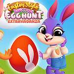 Easter Style Junction Egg Hunt Extravaganza Két rajzfilmnyuszi egy nagy piros tojás mellett áll egy kék ég hátterében