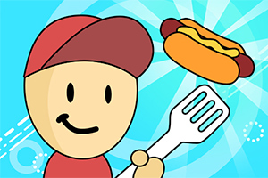 Rajzolt figura piros sapkában mosolyog, és egy spatulával hot dogot dobál egy kék háttér előtt