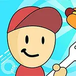 Rajzolt figura piros sapkában mosolyog, és egy spatulával hot dogot dobál egy kék háttér előtt