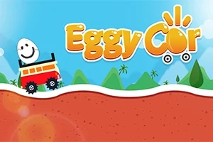 Egy mosolygós tojás van egy piros kisautóban, hegyekkel a háttérben és a Eggy Car felirat a kék ég előtt