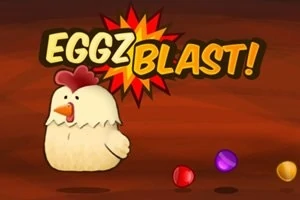 Egy rajzolt csirke három színes tojással és az EGGZ BLAST!