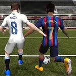 Két futballista egy stadion pályáján, egyikük fehér, a másik kék-piros mezben, labdával középen