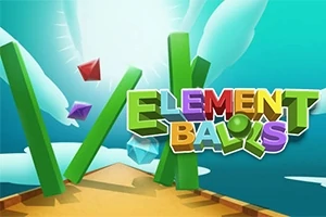 Színes, háromdimenziós betűkből álló ELEMENT BALLS felirat kék égbolt és fehér felhők hátterével