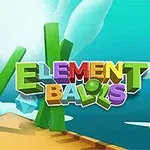 Színes, háromdimenziós betűkből álló ELEMENT BALLS felirat kék égbolt és fehér felhők hátterével