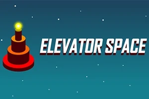 Az ábrán egy réteges piros torony látható izzó sárga fénnyel a tetején, valamint az ELEVATOR SPACE felirat kék háttérrel és csillagokkal