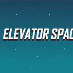 Az ábrán egy réteges piros torony látható izzó sárga fénnyel a tetején, valamint az ELEVATOR SPACE felirat kék háttérrel és csillagokkal