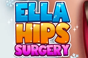 Színes, háromdimenziós betűkkel írt Ella Hips Surgery szöveg, amely fehér háttéren jelenik meg, hópelyhekkel díszítve