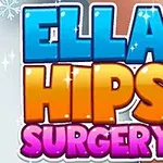 Színes, háromdimenziós betűkkel írt Ella Hips Surgery szöveg, amely fehér háttéren jelenik meg, hópelyhekkel díszítve
